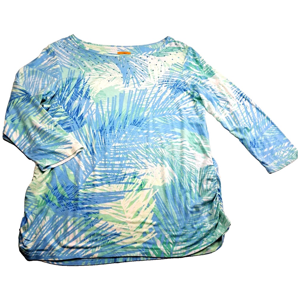 Ruby Road Top Womens M Embellished 3/4 Sleeve Teal Floral Hawaiian Cinched NWOT